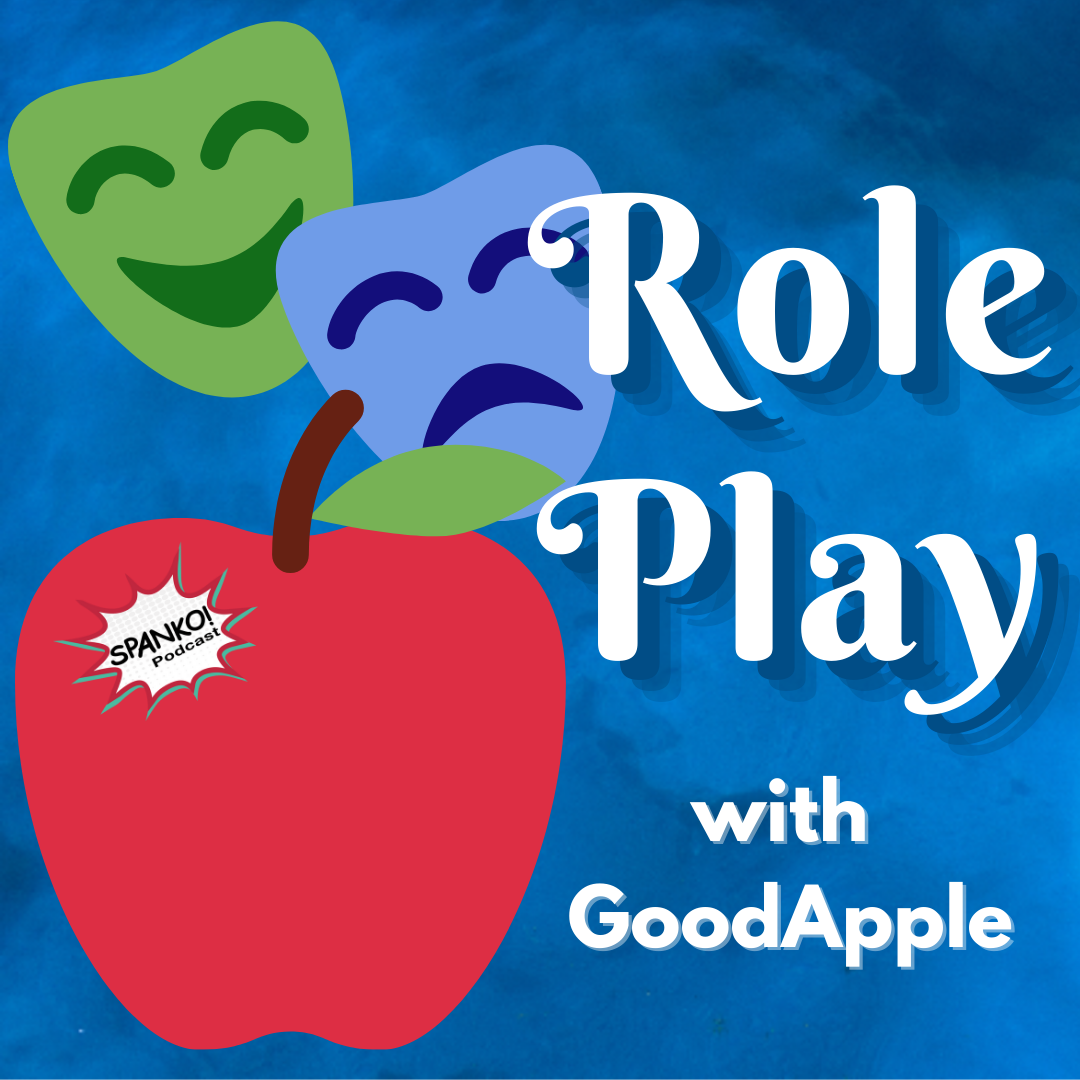 A graphic with theater masks and an apple