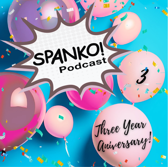 SpankoPodcast logo surrounded by confetti and balloons