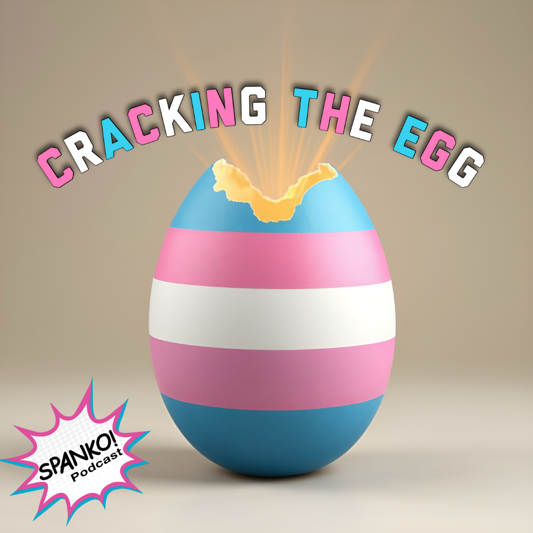 An Egg painted blue and white and pink like the trans flag. The egg is cracking open and a beautiful glow shines from the cracks.