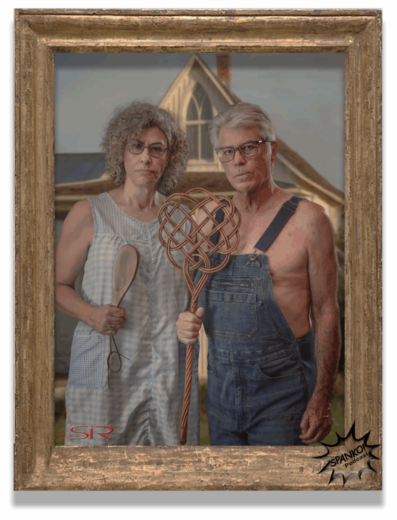 A parody of the painting "American Gothic" but with MIss Chris and Uncle Eric holding spanking implements.