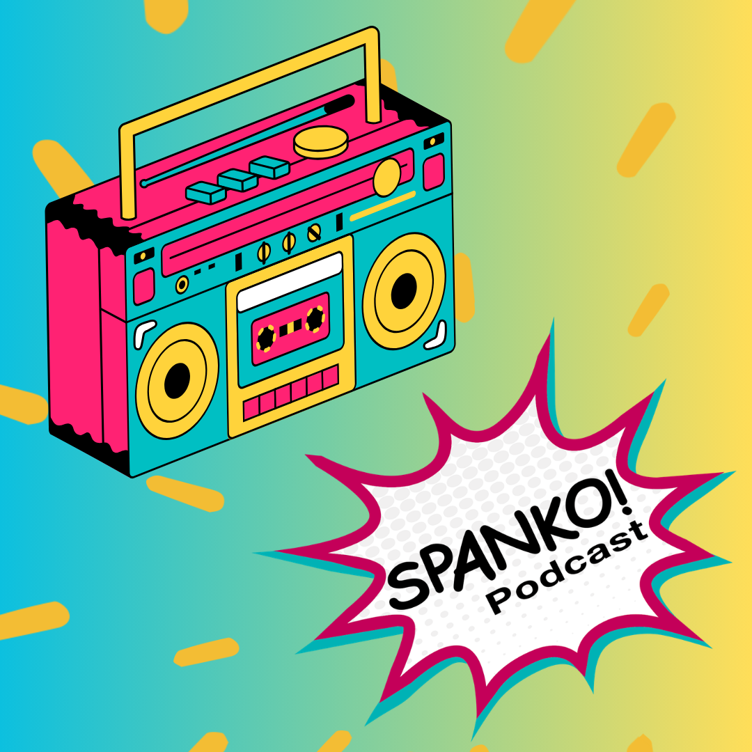 An image of a boombox in 1980s colors