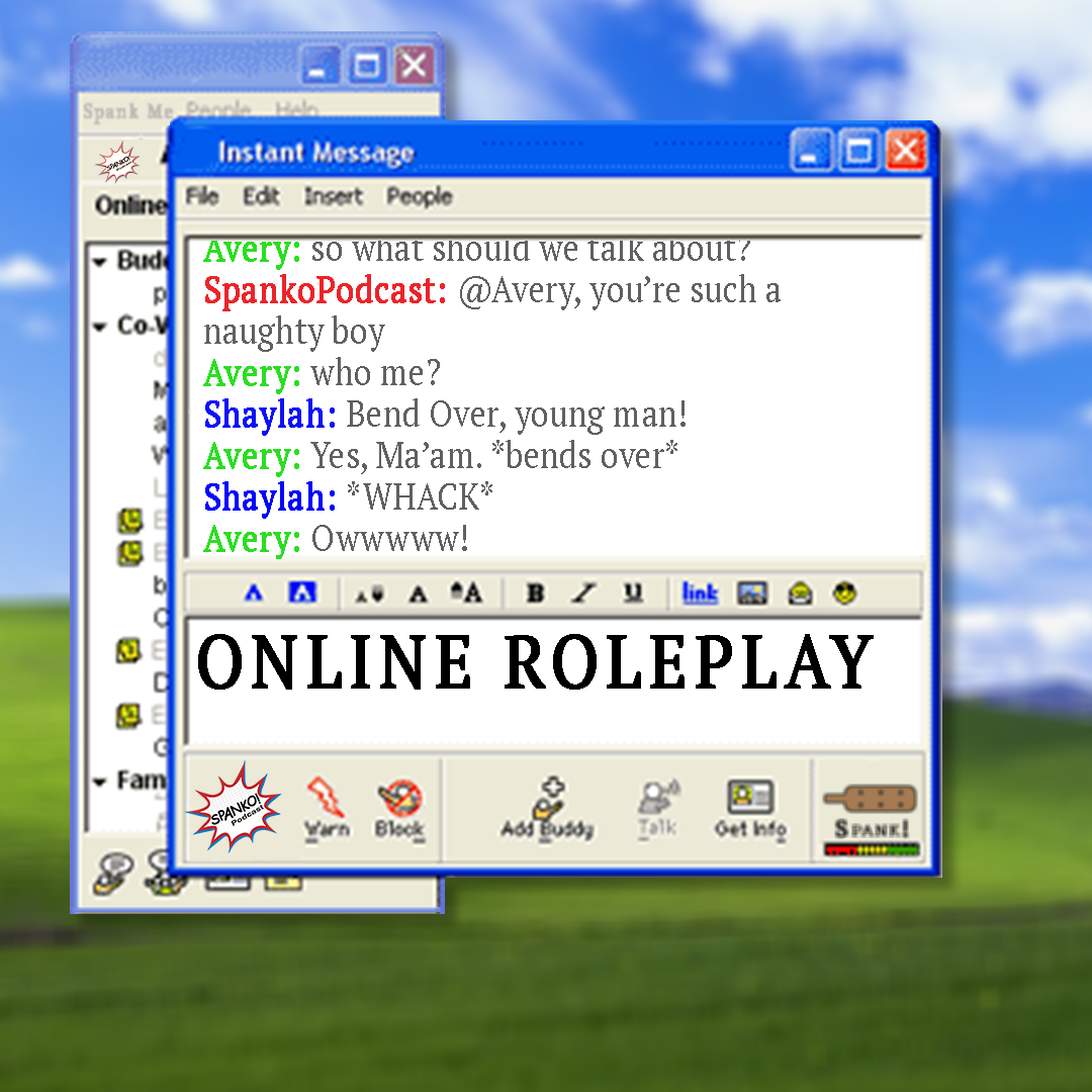 A windows background from the early 2000s with a chat window open that has the episode title "Online Roleplay"