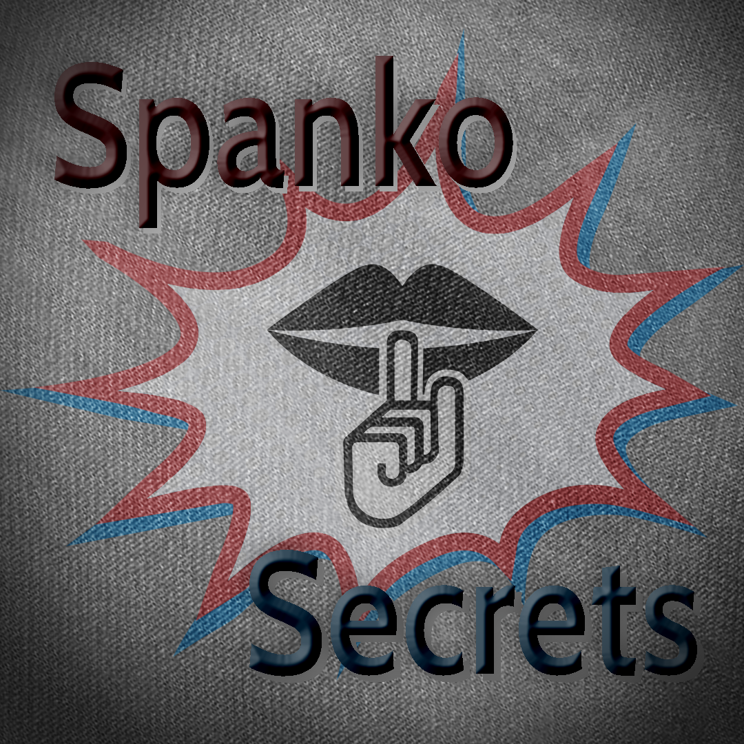A film-noir style version of the SpankoPodcast logo with lips shushing with a finger in front.